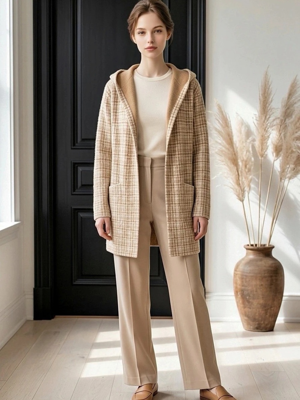 Magaschoni Women’s LG Beige Cream Plaid Hooded Open Front Cardigan Sweater